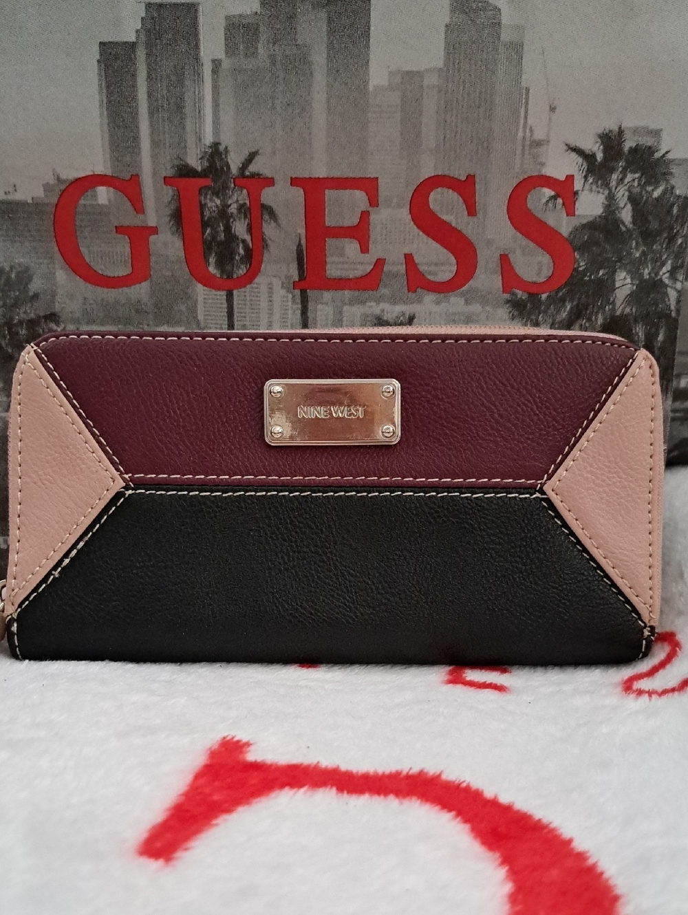 Nine West Tri-Panel Zip Wallet - Black, Burgundy & Blush Pink
